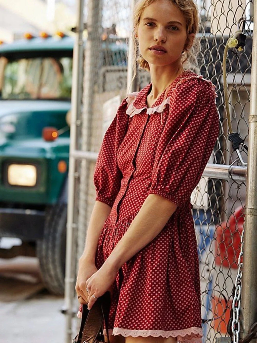 Free People Red Polka Dot Mini Dress with Pink Trim